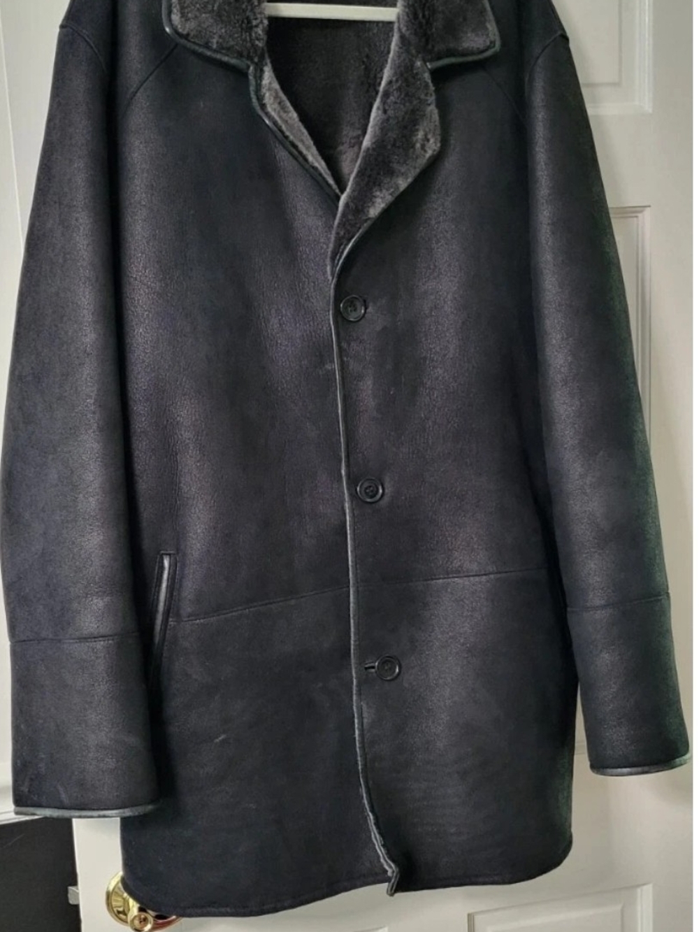 Men's Black Shearling Button Front Coat. XXL. Dark Grey